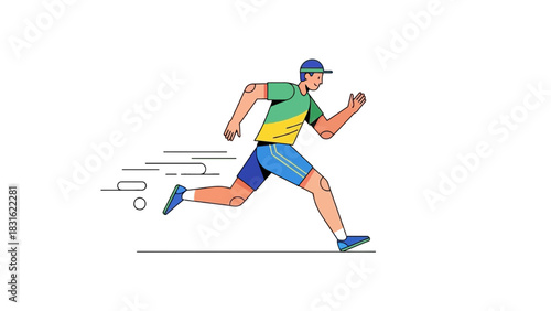 Energetic male athlete in a green and yellow shirt and blue shorts running fast with motion lines indicating speed and agility
