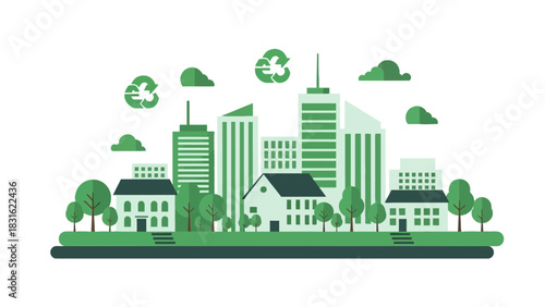 Green city skyline with trees and recycling symbols symbolizing sustainability and eco friendly urban living