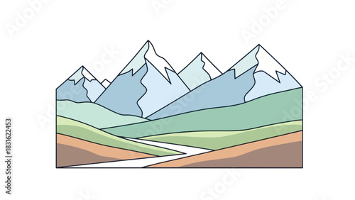 Stylized geometric mountain range with snow capped peaks and rolling green hills leading to a winding river