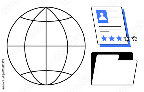 Globe, a 5-star rated profile document, and an open file folder symbolizing global connectivity, profile evaluation, data organization. Ideal for recruitment, globalization, networking, analytics