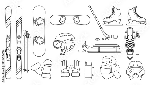 Set of Black Outline Winter Sport Equipment and Apparel Icons on White