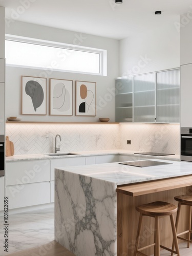 Modern white kitchen interior with marble island and wood accents