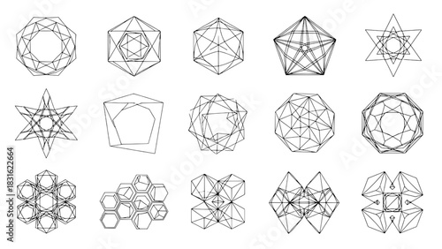Abstract Geometric Wireframe Shapes Collection: 15 Black Outline Polygons and Polyhedra