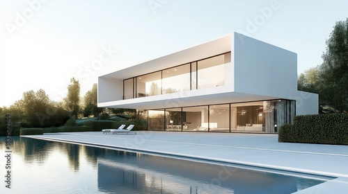 Modern minimalist house design with large windows overlooking the serene outdoor landscape