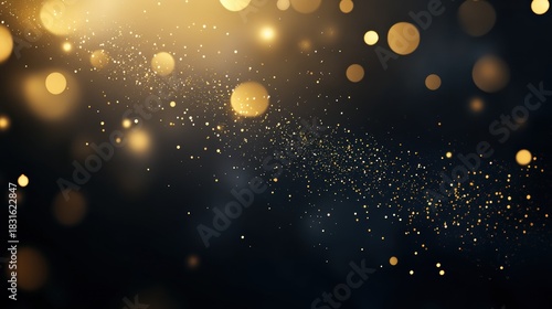 Background of shimmering golden particles creating a dreamy effect with blurred lights ideal for celebrations and events