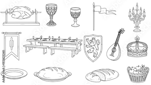 Medieval Feast & Heraldry Outline Icons: Roasted Chicken, Goblets, Dining Table, Banners, Shield, Lute, Crown, Breads, Fruit Basket. 14 Detailed Black Line Art Elements on White Background.