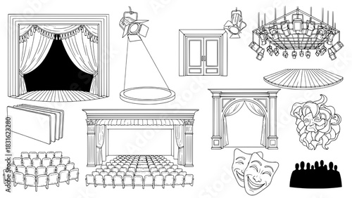 A collection of thirteen black and white line art illustrations depicting various theatrical and stage elements, including stages, spotlights, masks, and audience seating.
