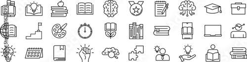 Knowledge and Education Line Icon set – Book, Concept, School, Study, Learning, and University Symbol in Outline Style

