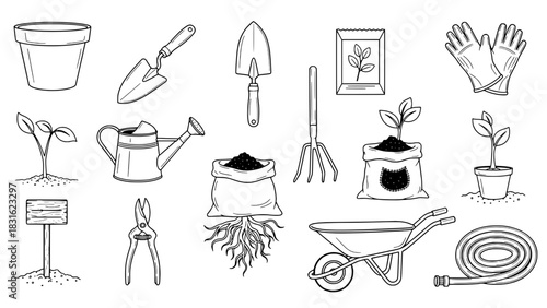 Detailed Collection of Fifteen Hand-Drawn Black Outline Gardening Tools and Elements on White Background