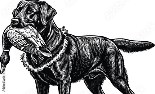 Hunting dog with duck illustration, retriever carrying bird in mouth detailed black design, animal wildlife art, cad drawing flat vector illustration