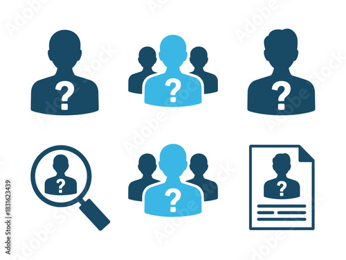 Illustrations depict people with question marks on their silhouettes, symbolizing unknown individuals or the search for someone.