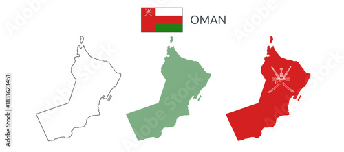 Oman geographical borders isolated on white background. Flag of Oman. Vector flat cliparts.