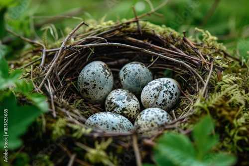 Small speckled eggs resting in a bird's nest made of twigs and moss, showcasing the beauty of nature