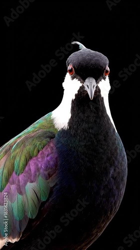 Close up of a bird with iridescent plumage and a distinctive crest against a black background