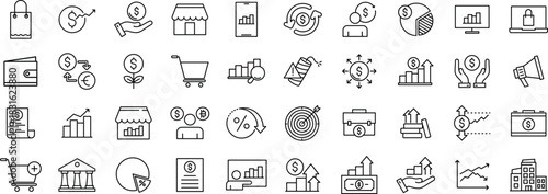 Market and Financial Line Icon set – Chart, Finance, Exchange, Business, Currency, and Stock Line icon pack
