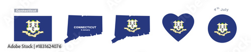 Connecticut flag and map set. American state flags in official colors and proportions. January 9 celebrations, maps, circles, and hearts of Connecticut .