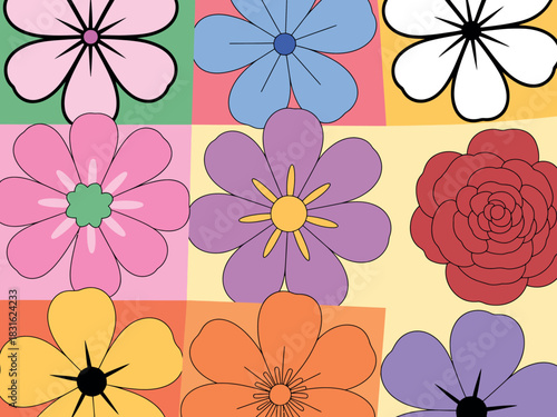 A vibrant collage of stylized, colorful flowers arranged in a grid pattern against a warm, abstract background.