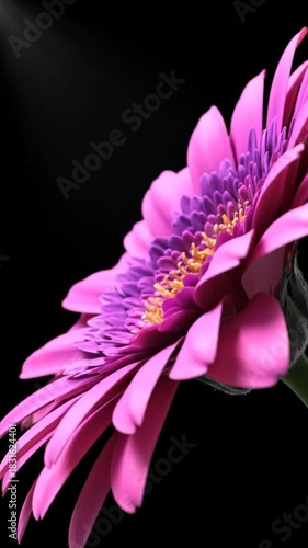 Close up of a vibrant pink flower with purple and yellow accents against a black backdrop