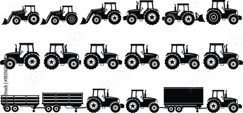 Tractor and trailer farming machinery silhouette set, agricultural vehicle collection, black transport icon design concept, cad drawing flat vector illustration