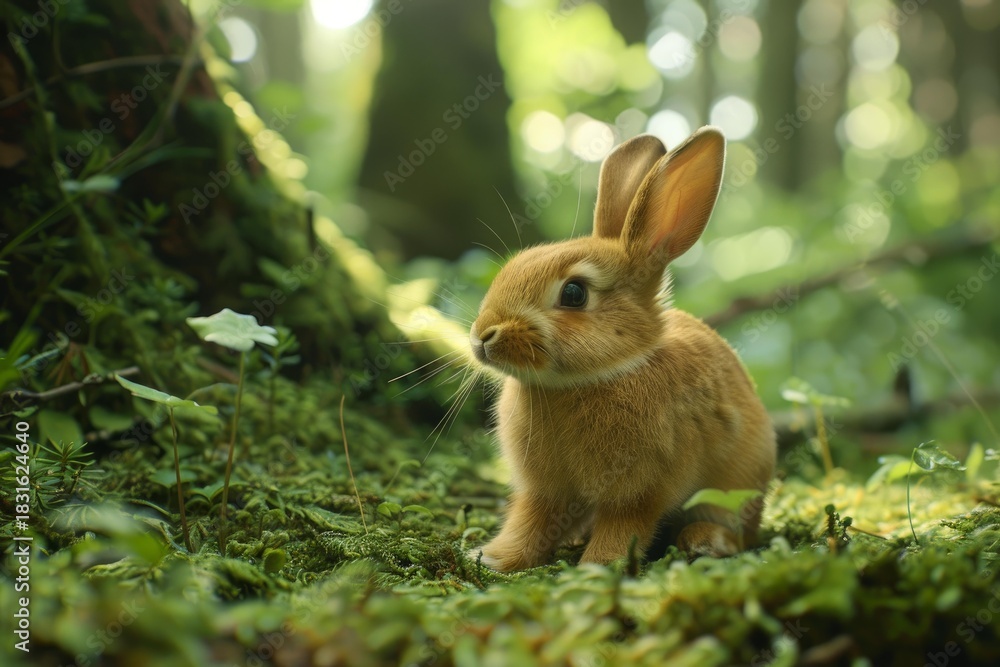 Obraz premium Adorable baby rabbit exploring a vibrant, moss covered forest floor, surrounded by lush greenery