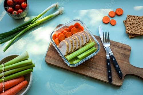 Healthy meal prep with chicken carrots and celery