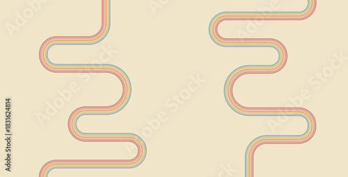Groovy rainbow classic pipe lines background. Wavy stripes vintage colors cover. Playful squiggle wave arch wall design. Vector retro beige wiggle ornament.