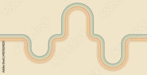 Groovy rainbow lines background. Wavy stripes vintage colors cover. Playful squiggle wave arch wall design. Vector retro beige wiggle ornament.