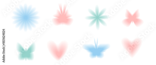 Y2k pastel butterfly and flowers icons with blurry gradient effect. Aura texture floral and insect symbols shapes. Blue, green and pink gradation set. Vector simples forms on transparent background.