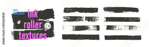 Ink roller rough textures. Black paint text boxes. Grunge brush stroke lines set. Quotation boxes grange lines black textures. Vector rolled linocut streaks with pixel punk element.