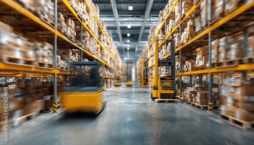 Retail warehouse full of shelves with goods in cartons, with pallets and forklifts. Logistics and transportation blurred background. Product distribution center. High quality