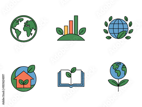 A collection of six simple graphic icons representing environmental concepts such as the Earth, growth, and sustainability.