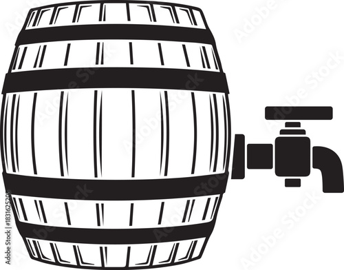 Black and white illustration of a wooden barrel with a tap faucet drink
