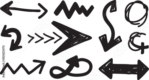 Hand-Drawn Arrow Clipart: Black Sketch Arrows, Curved Doodle & Directional Arrow Graphics
