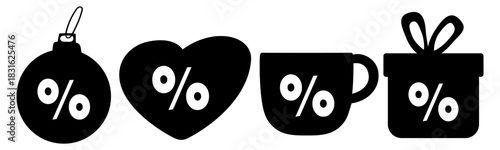 Sale Symbols Set. Black white icons with percent signs for holiday discounts. For retail advertising, promotional materials and seasonal marketing campaigns.