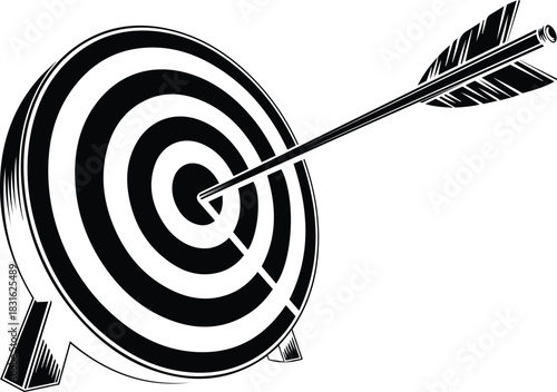 Black and white target with arrow in bullseye on white background archery hitting the mark
