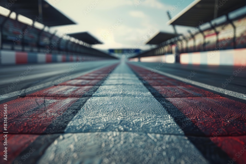 Naklejka premium Close up view of wet racing track pavement leading towards finish line, grandstands blurred in background
