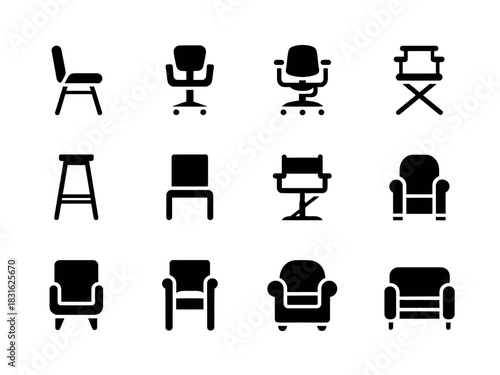 A collection of diverse chair icons represents a variety of seating options for different purposes and styles.