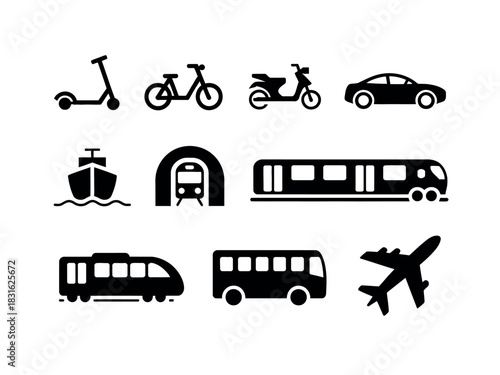 A collection of diverse transportation icons, including a scooter, bicycle, motorcycle, car, ship, subway, train, bus, and airplane, representing various modes of travel.