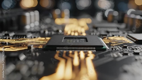 Macro shot of computer motherboard with golden electric current flowing through circuits