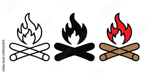 Campfire Icon Set. Outline, Solid, and Color Versions. Bonfire Vector Collection with Fire Flame