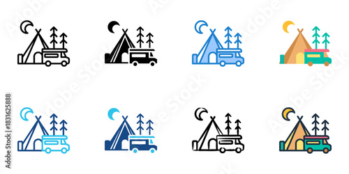 Glamping icon set multiple style vector collection. Editable Stroke
