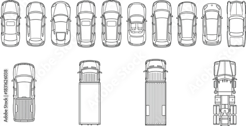 Top view vehicle blueprint collection, detailed car and truck line art, transportation schematic illustration, automotive outline set, technical drawing pack for design