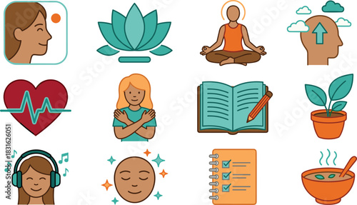 Wellness self care icons, mindfulness meditation illustration, healthy lifestyle symbols, mental health practices, relaxation activities set, emotional wellbeing graphics, holistic 