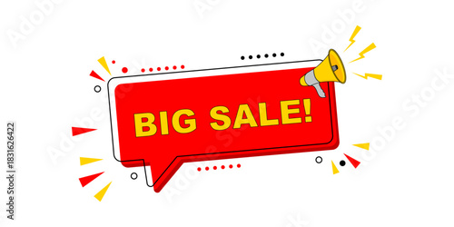 Dynamic red speech bubble illustration with megaphone announcing a big sale event, perfect for promotional marketing campaigns and discount advertisements