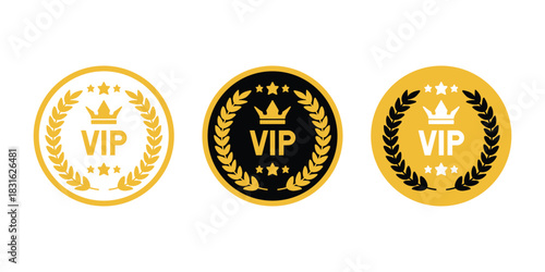 Vip label, badge or tag. Vip icons with crown and stars. Premium and Luxury VIP badge