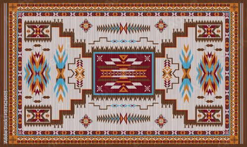 Navajo storm pattern rug style vector.Sacred mountain symbolism with central rectangular motif connecting four corners.Representing weather,lightning.Carpet southwestern tribal geometric illustration.