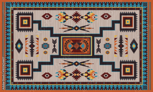 Navajo storm pattern rug style vector.Sacred mountain symbolism with central rectangular motif connecting four corners.Representing weather,lightning.Carpet southwestern tribal geometric illustration.