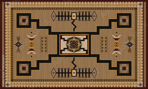 Navajo storm pattern rug style vector.Sacred mountain symbolism with central rectangular motif connecting four corners.Representing weather,lightning.Carpet southwestern tribal geometric illustration.