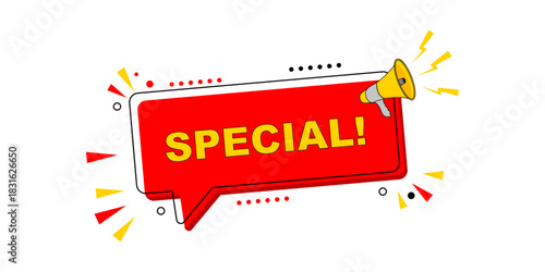 Dynamic graphic design featuring a red speech bubble with 'SPECIAL!' text and a megaphone, signaling important sales and discounts