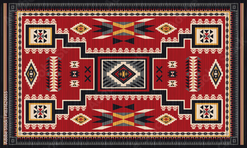 Navajo storm pattern rug style vector.Sacred mountain symbolism with central rectangular motif connecting four corners.Representing weather,lightning.Carpet southwestern tribal geometric illustration.